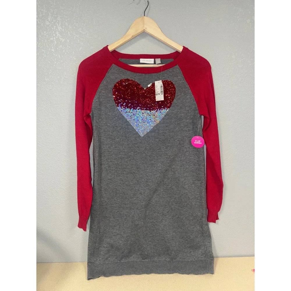 The Childrens Place Girls Red Gray Heart Sequin Sweater Dress Tunic XXL 16 NWT